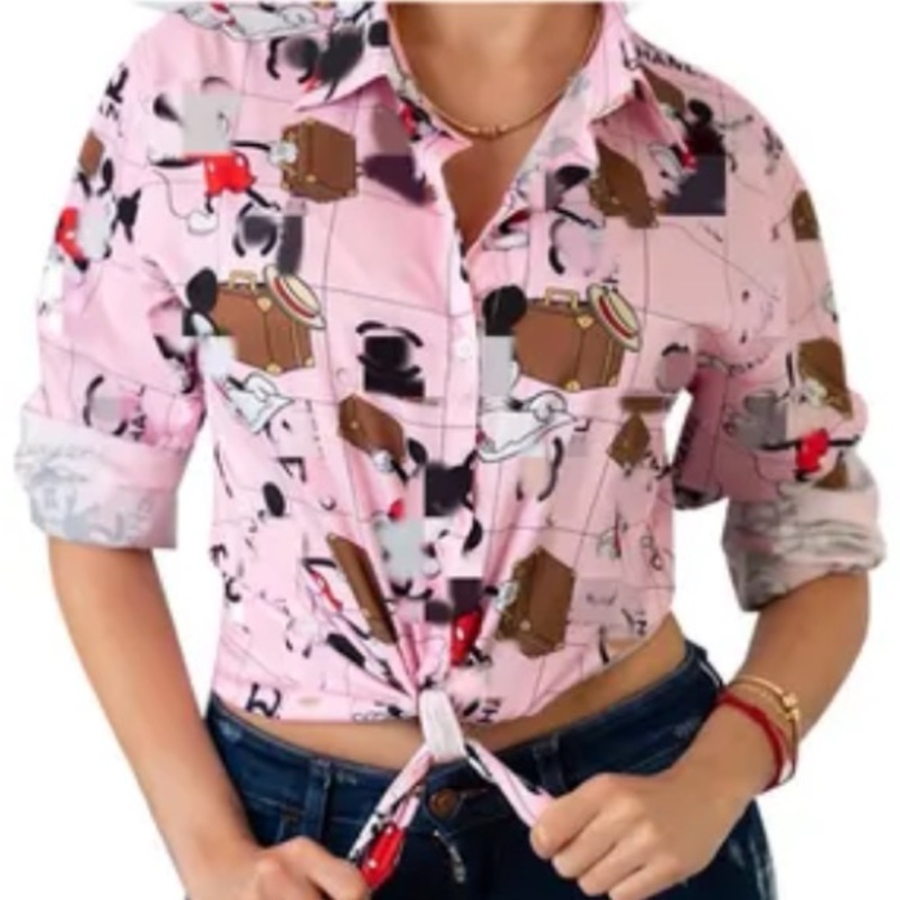 Pink Printed Casual Blouse Women's Top Sz L Cute